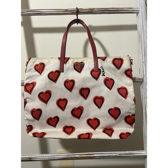 Prada Nylon Saffiano White Red Heart Motif Hand Tote Bag - Picture 1 of 16